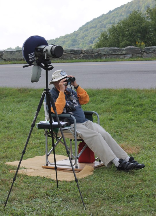 Jim Keighton watches for passing hawks at the Mahogany Rock Overlook
